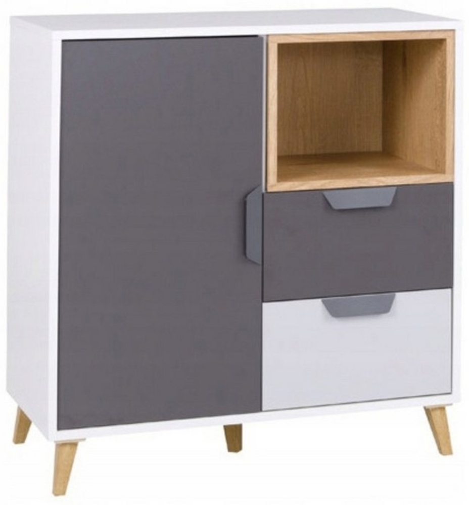 Deine Möbel 24 Kommode JUSTIN 9 Kinderkommode Jugendkommode Sideboard 80 cm breit (Set, 2 St, für Jugendzimmer Kinderzimmer Schlafzimmer Wohnzimmer), in Weiß Matt / Graphit / Grau / Eiche Scandi Still Bild 1