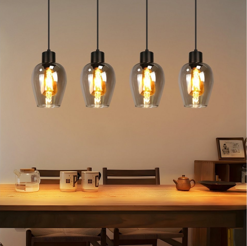 Nettlife Pendelleuchte Vintage Schwarz Hängelampe mit 1/3/4 Rauchglas-Schirmen E27, Höhenverstellbar, LED wechselbar, Esstischlampe für Wohnzimmer Küche Bild 1