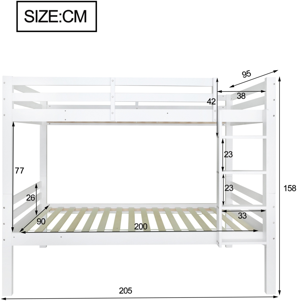 Merax Etagenbett für Kinder, Kinderbett mit dreistufiger Winkelleiter und Absturzsicherung, Bett aufgeteilt in 2 Einzelbetten, Jugendbett, Einzelbett, Rahmen aus Kiefer, Weiß, 90x200cm Bild 1