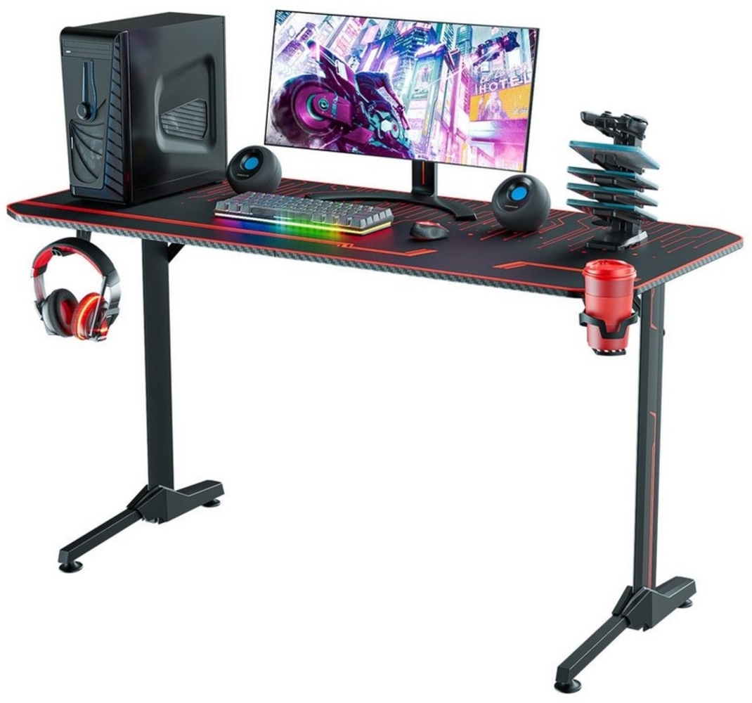 LUCKZON Computertisch Gaming Tisch 1.4m/1.6m T-Form, Schreibtisch Holz, Ergonomisch, Mauspad Becherhalter, Schwarz Bild 1