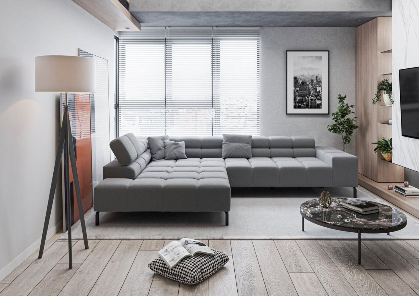 INOSIGN Ecksofa Ancona New, wahlweise motorische Sitztiefenverstellung, auch in Cord, feine Steppung, mit Kopfteilverstellung, 3 Zierkissen, L-Form Bild 1