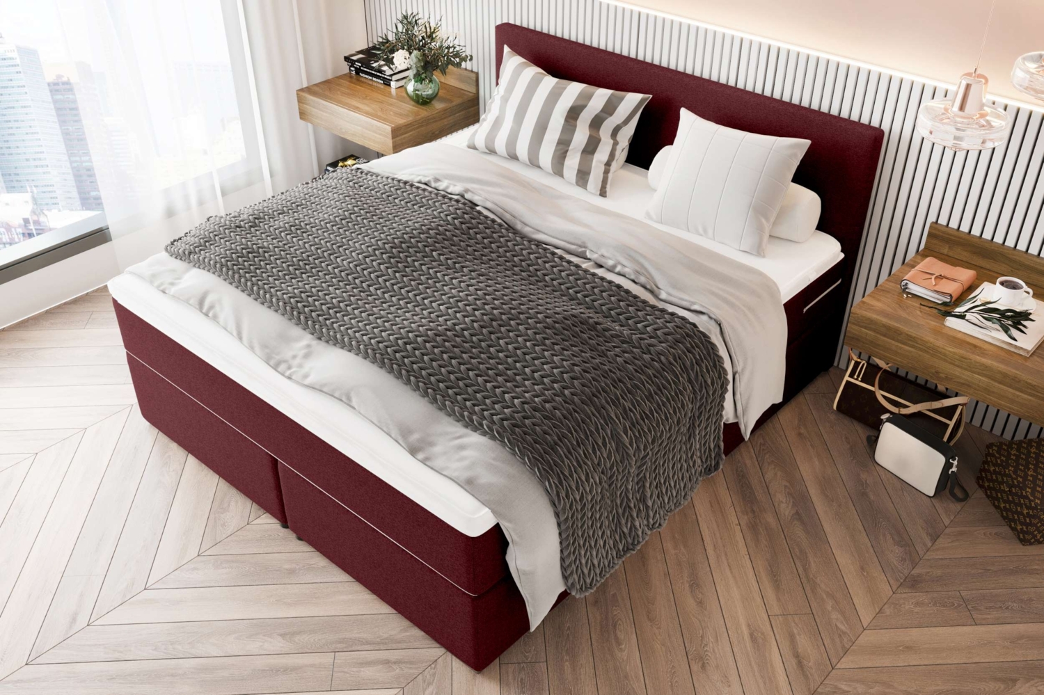 99rooms 'Phönix' Boxspringbett, Bordeaux, 140x200 cm, Webstoff MALMO_NEW Bild 1