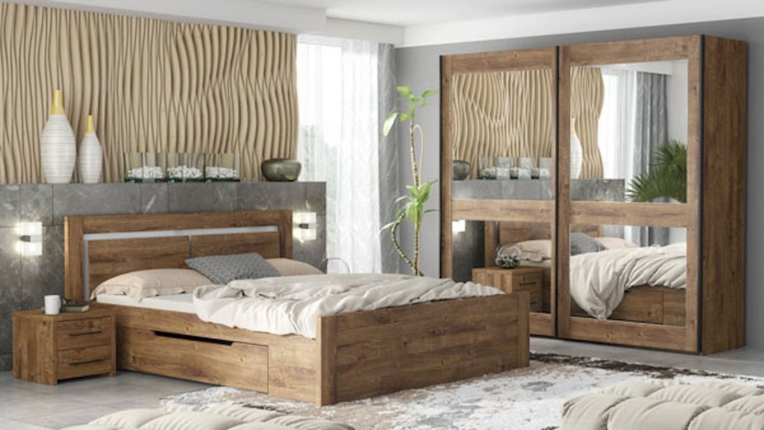 Schlafzimmer Set 4tlg Madryt Kleiderschrank Bett 160cm Nachtkonsolen ribbeck eiche Bild 1