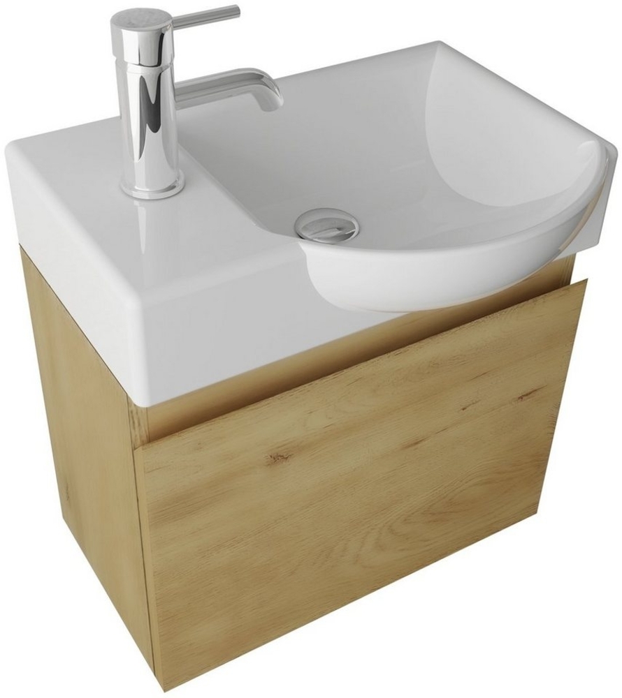 Alpenberger Badmöbel-Set - Gäste WC Waschbecken mit Unterschrank 45 cm Breit, (Badschrank 2-tlg, Waschtisch hängend), Waschbeckenunterschrank mit Softclose - Eiche Natur - Rechts Becken Bild 1