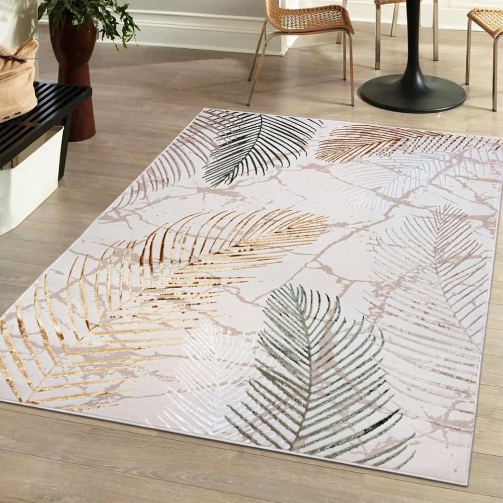 Mazovia Designteppich Modern Teppich für Wohnzimmer - Beige Creme mit Gold, 80 x 150 cm, Glänzende Abstrakt Marmor, Höhe 10 mm, Kurzflor - niedrige Florhöhe Bild 1