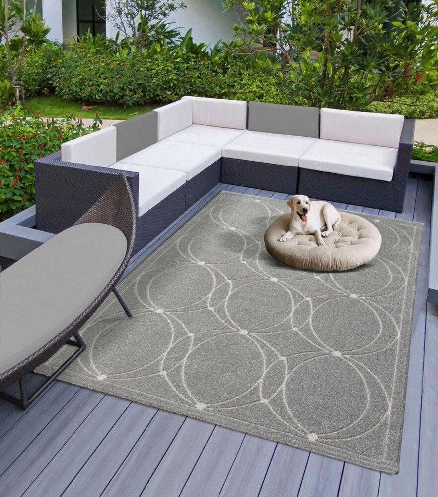 TaraCarpet Teppich Indoor & Outdoor Teppich Capri modernes Kreise Design, rechteckig, Höhe: 5 mm, Kurzflor grau In & Outdoor Balkon Terrasse Wohnzimmer 120x170 Bild 1