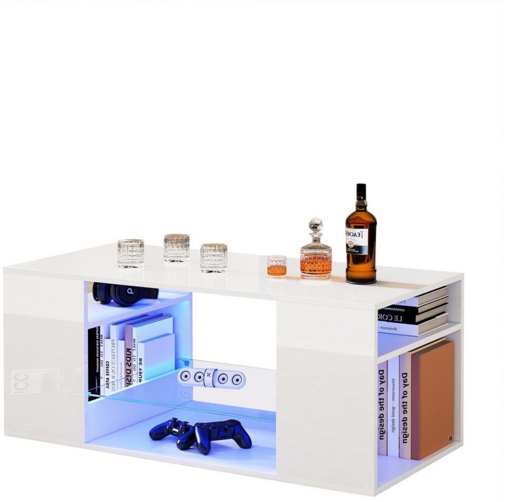 MODFU Couchtisch mit großen Stauraum (Satztisch, Wohnzimmertisch Beistelltisch, 1-St, 96x45x45 cm), mit LED-Licht, Glas Einlegeböden Bild 1
