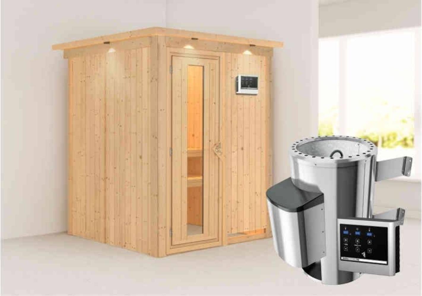 Karibu Sauna Minja mit Dachkranz + 3,6kW Saunaofen mit ext. Steuerung Easy Graphit-Ganzglastür Bild 1