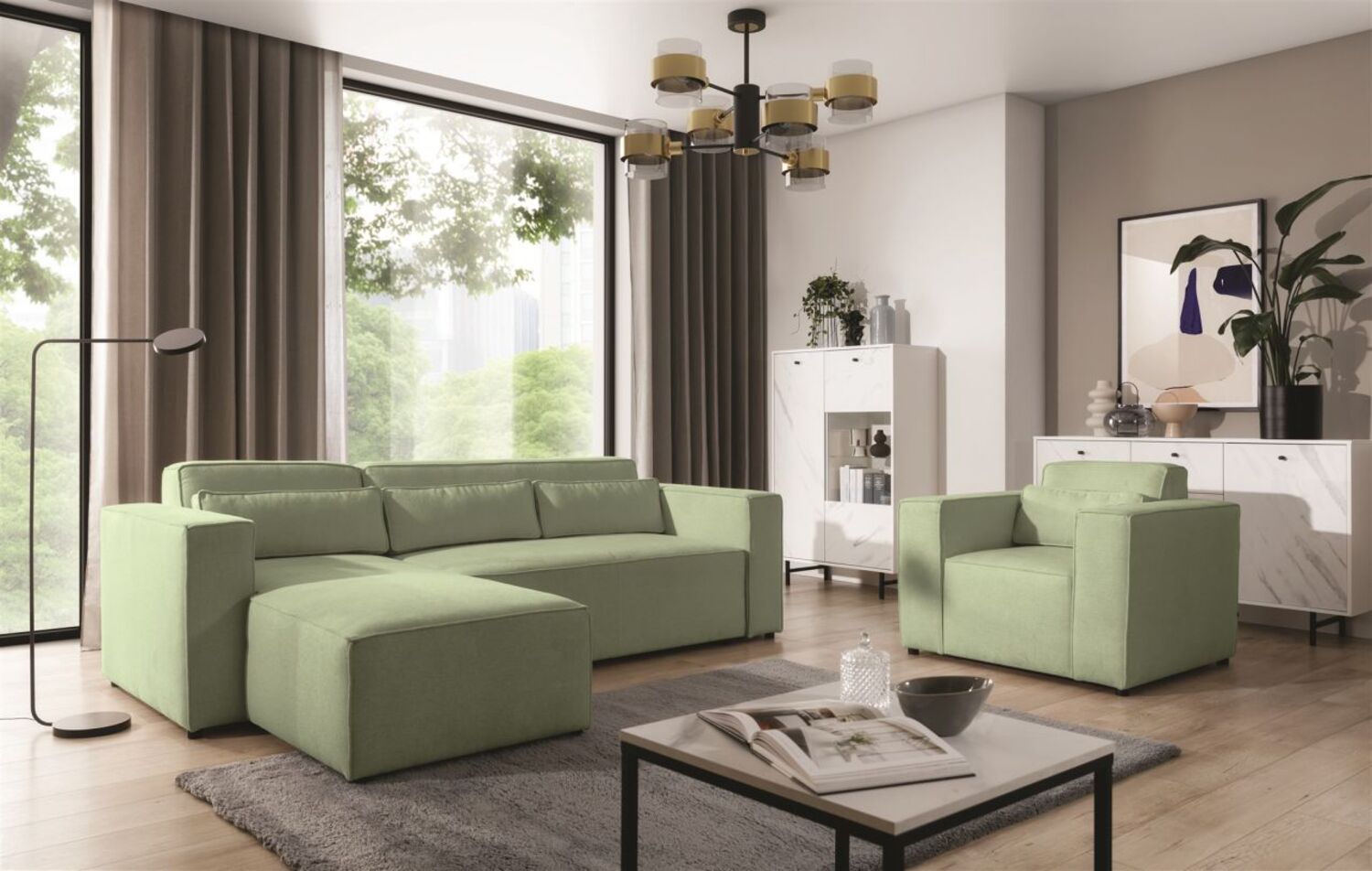 Ecksofa Schlafsofa inkl. Sessel WALDO Stoff Brooklyn Hellgrün Ottomane Links Bild 1