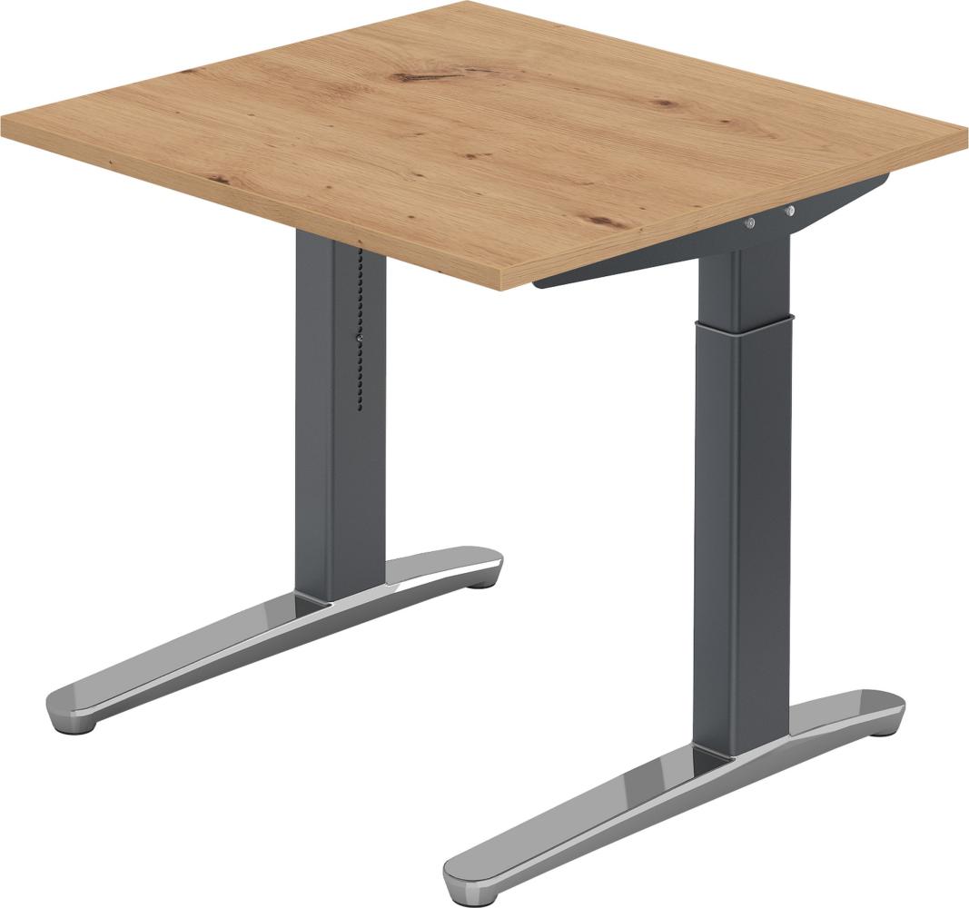 bümö manuell höhenverstellbarer Schreibtisch 80x80 in Asteiche, Gestell in graphit/alu - PC Tisch höhenverstellbar & klein, höhenverstellbarer Tisch Büro, kleiner Computertisch verstellbar, X08-R-GC Bild 1