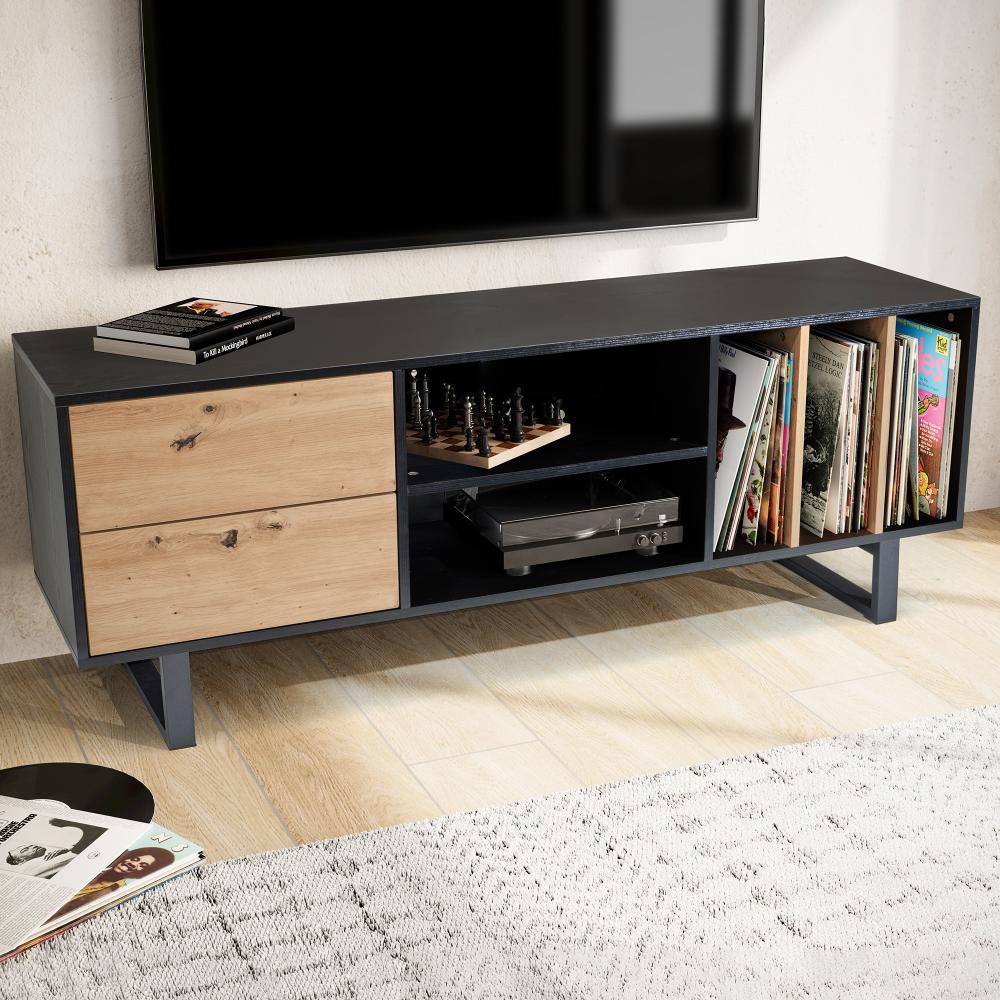 FineBuy Lowboard Eiche-Dekor 150x55x40 cm TV-Kommode Modern, Design TV-Schrank Hoch, Fernsehtisch Fernsehschrank mit Schubladen & Regal, Fernsehkommode Wohnzimmer Schwarz Bild 1