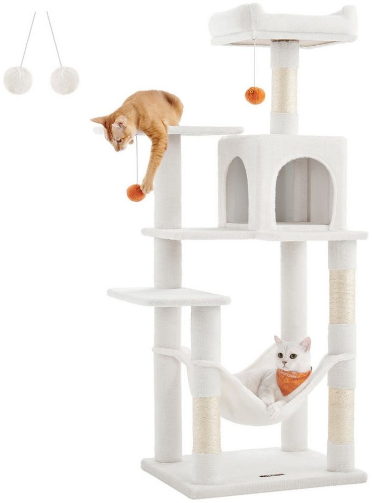 Feandrea Kratzbaum, 112 cm hoch, Katzenbaum, mehrstöckiges Katzenhaus, mit 4 Kratzsäulen, 2 Plattformen, Hängematte, Höhle, Cremeweiß Bild 1