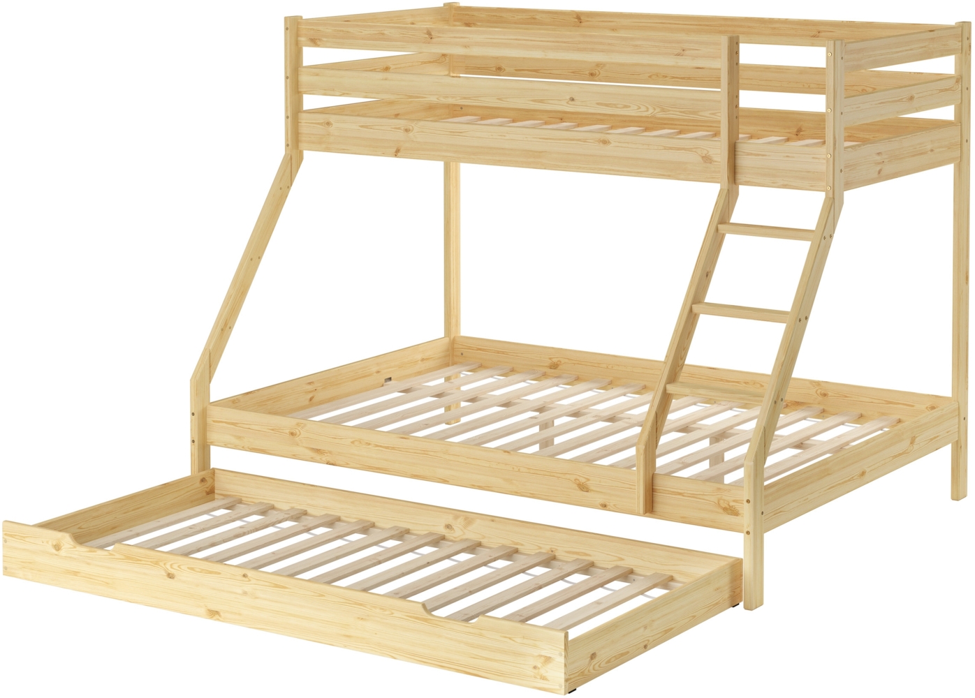 Doppel-Etagenbett 140x200 und 90x200 Erwachsenen-Stockbett Kiefer, Rollrost und Gästebettkasten inkl. Bild 1