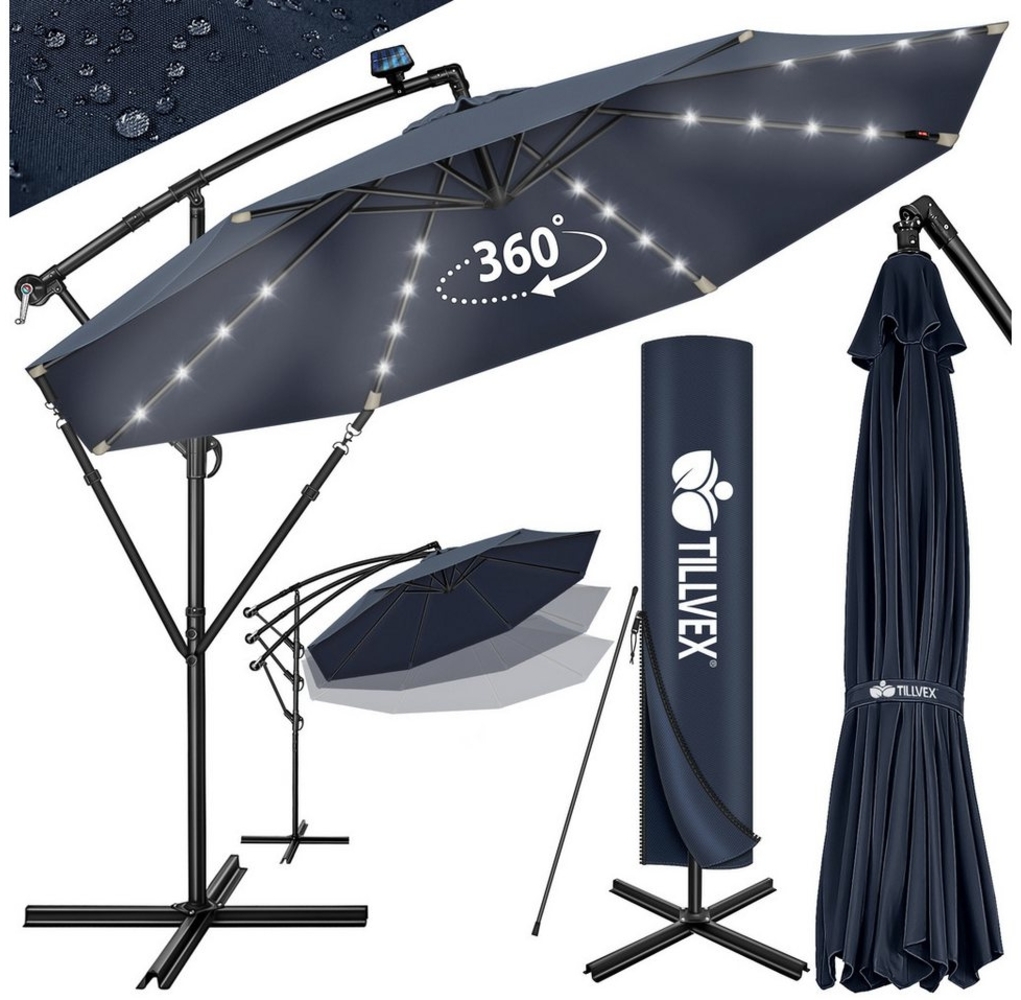 tillvex Alu Ampelschirm Navy-Blau LED Solar Ø 350 cm mit Kurbel | Sonnenschirm mit An-/Ausschalter | Gartenschirm UV-Schutz Aluminium | Kurbelschirm mit Ständer Marktschirm wasserdicht Bild 1