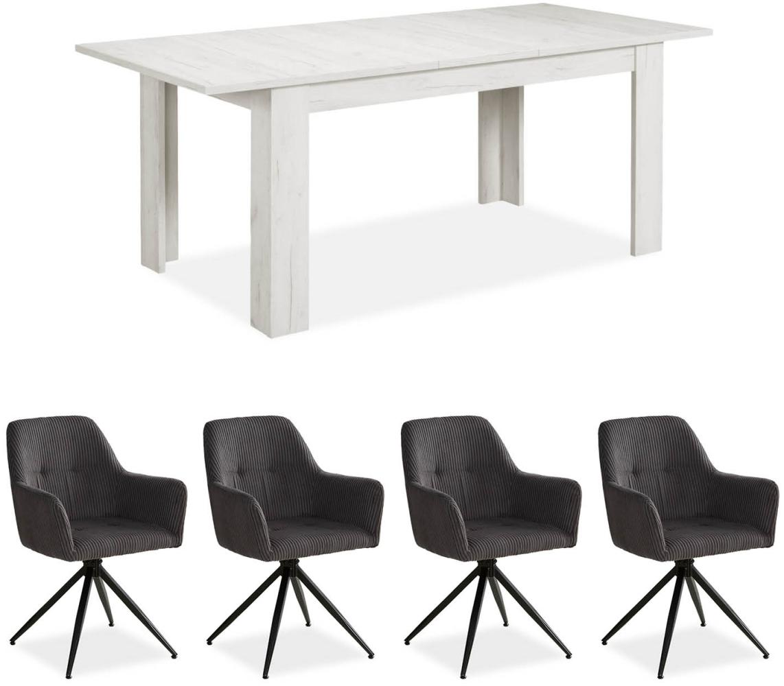 Set Esstisch mit 4 Stühlen, Cord Polsterstühle Grau, Küchentisch Modern Holz Shabby Weiß, Esszimmertisch Massiv, 160 x 90 cm Bild 1