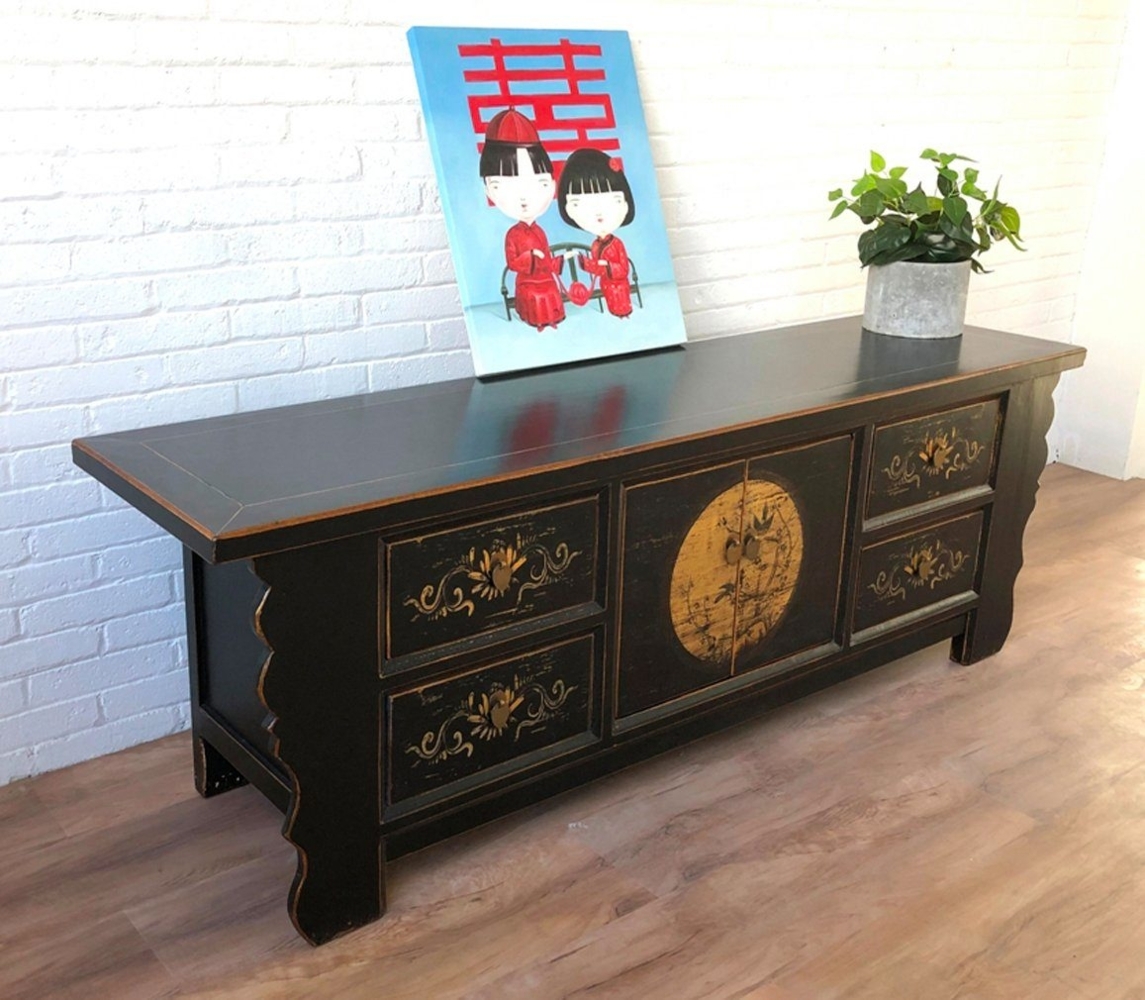 Chinesisches Lowboard Schwarz Beige Vintage-Look Kommode TV-Schrank asiatisch Kolonial-Stil Antik-Stil Sideboard orientalisch Fernost shabby-chic Landhaus Bild 1