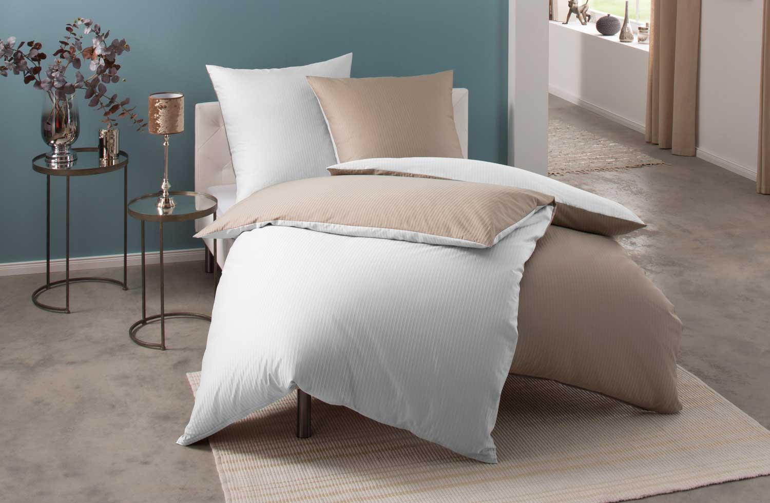 Mako Satin Damast Wendebettwäsche Streifen "Vancouver" weiß/braun Garnitur 155x220 + 80x80 Bild 1