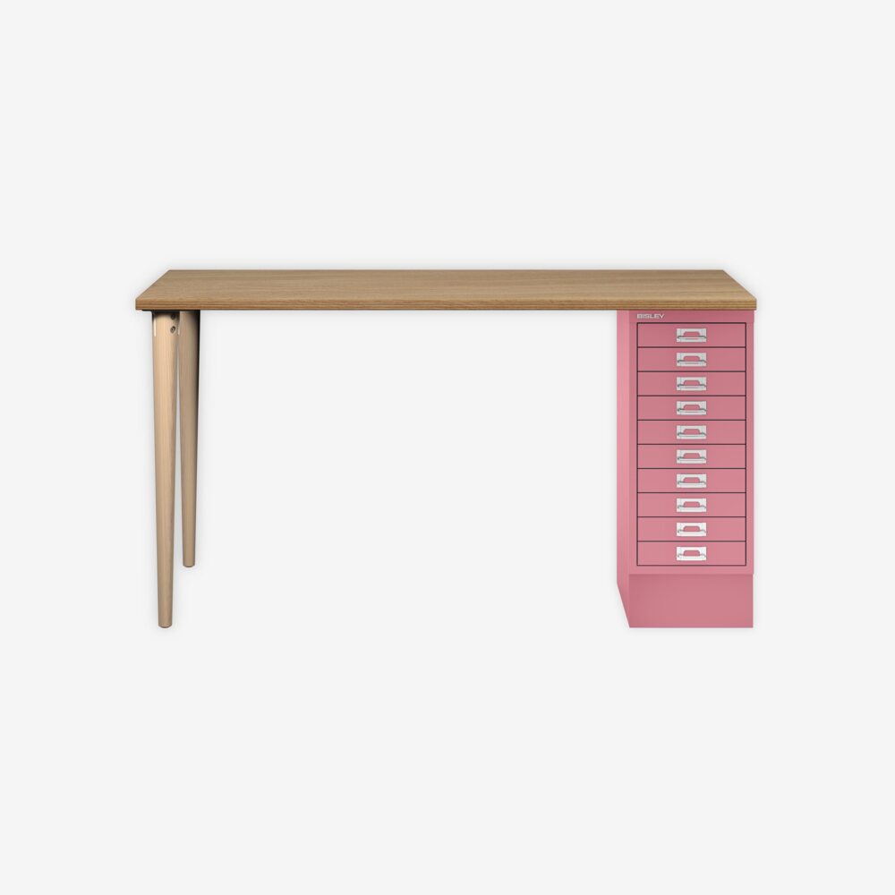 MultiDesk, 2 Eichenfüße, 1 MultiDrawer mit 10 Schüben, Dekor natürliche Eiche, Farbe Pink, Maße: H 740 x B 1400 x T 600 mm Bild 1