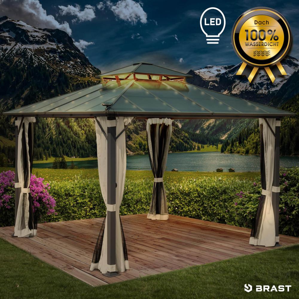 BRAST Pavillon Aluminium Pagode 3,5x3,5m Beige inkl. Moskitonetz + LED festes Dach wasserdicht stabil UV-Schutz Bild 1