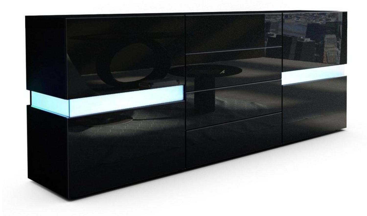 Vladon Sideboard Flow, Schwarz matt/Schwarz Hochglanz inkl. LED - Moderne Kommode mit Ambient Light Verglasung für Ihr Wohnbereich (177 x 75 x 39 cm) Bild 1