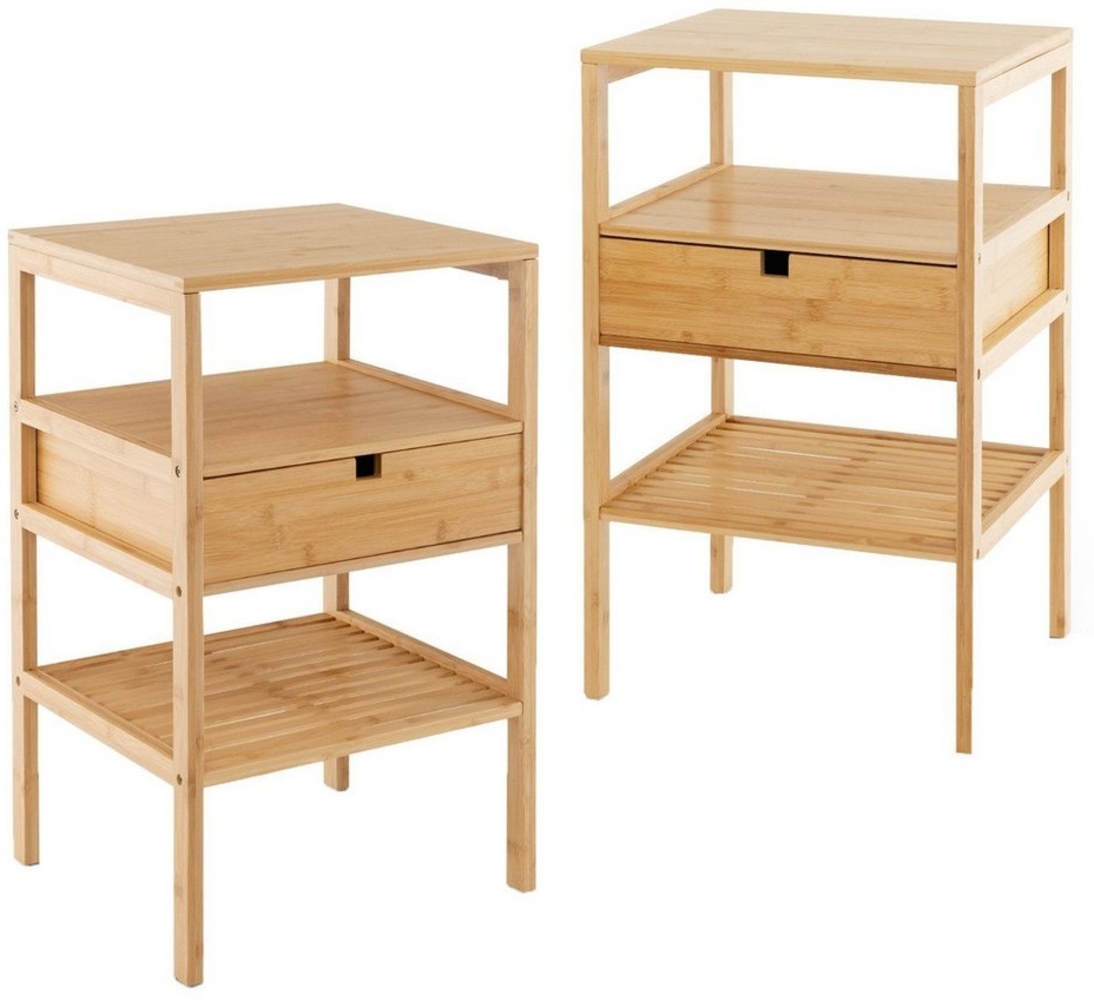COSTWAY Nachttisch (2-St), mit 3-stufiges Lattenregal, Schublade, Bambus 40x40x68cm Bild 1