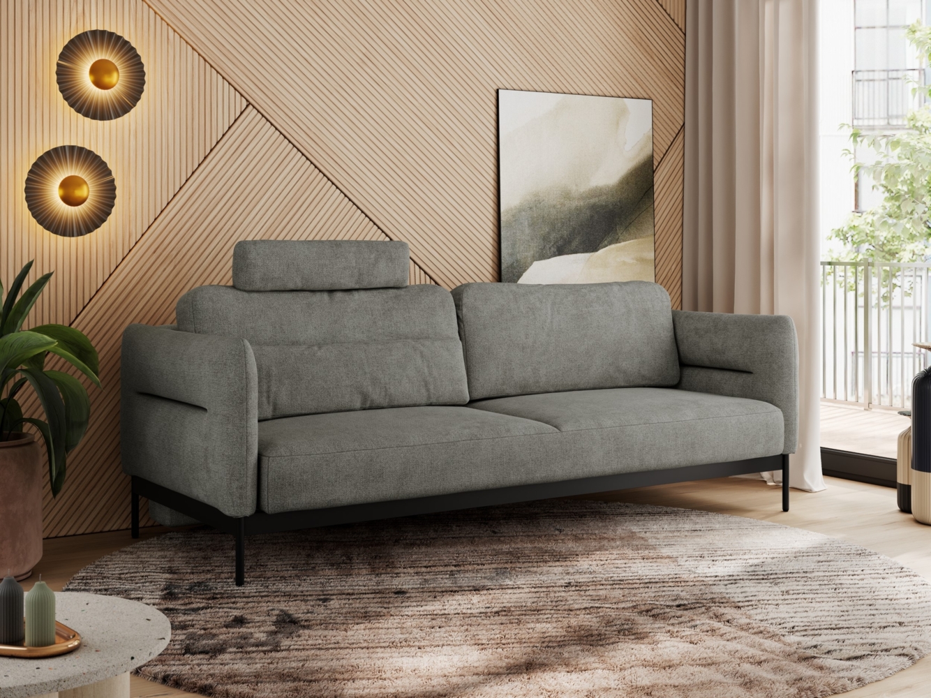 Sofa mit Schlaffunktion, schwarze Metallstruktur, mobile Kopfstütze, Schlafsofa mit losen Kissen - SALENTO - Grau Struktur Bild 1