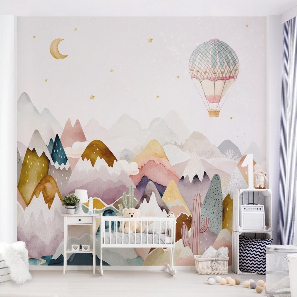 Bilderdepot24 Kindertapete Boho Berglandschaft Aquarell Illustration Natur bunt modern, Glatt, Matt, (Vliestapete inkl. Kleister oder selbstklebend), Mädchenzimmer Jungenzimmer Babyzimmer Bildtapete Fototapete Wandtapete Bild 1