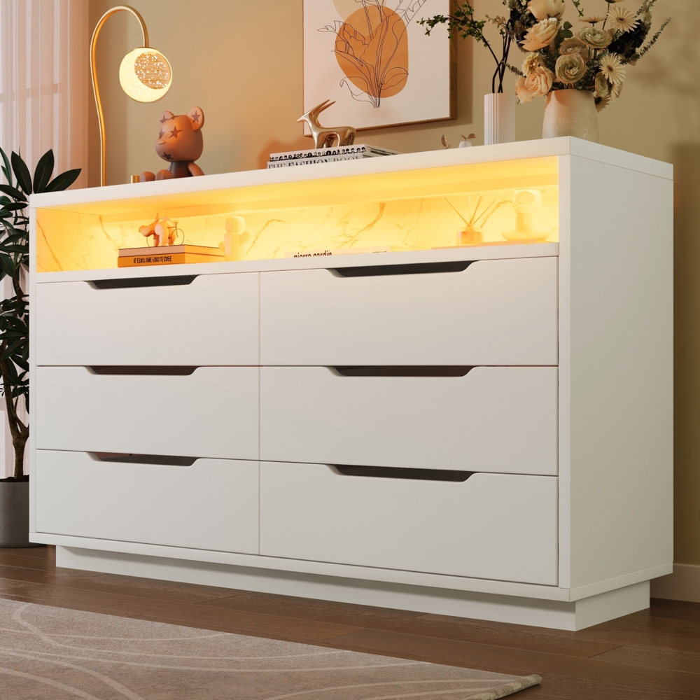 Merax Sideboard, Kommode mit LED-Beleuchtung und 6 Schubladen, Staufach mit Marmorkorn, Moderner Schrank für Wohnzimmer und Schlafzimmer, 120x40x85cm, Weiß Bild 1