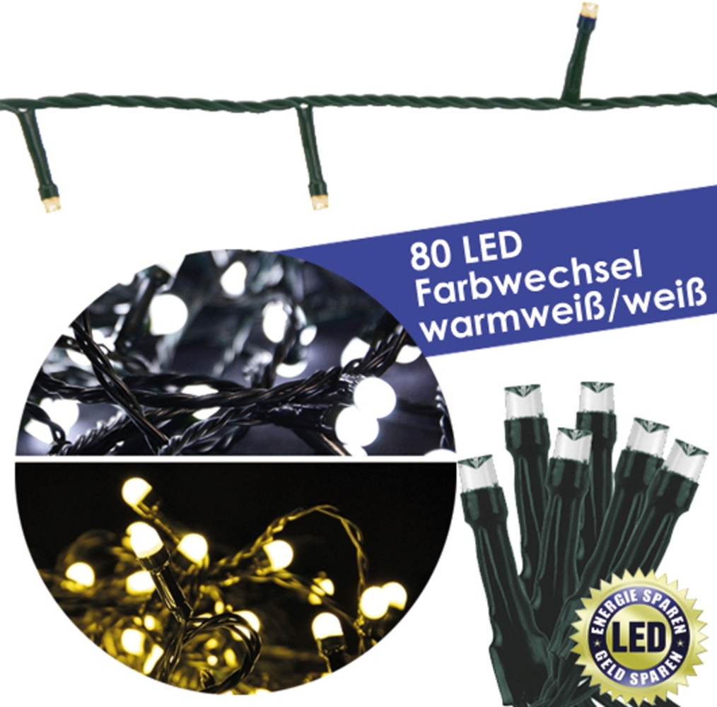 80 LED Lichterkette Winter Beleuchtung Kette Weihnachten Innen Außen Farbwechsel Warmweiß + Weiß Bild 1