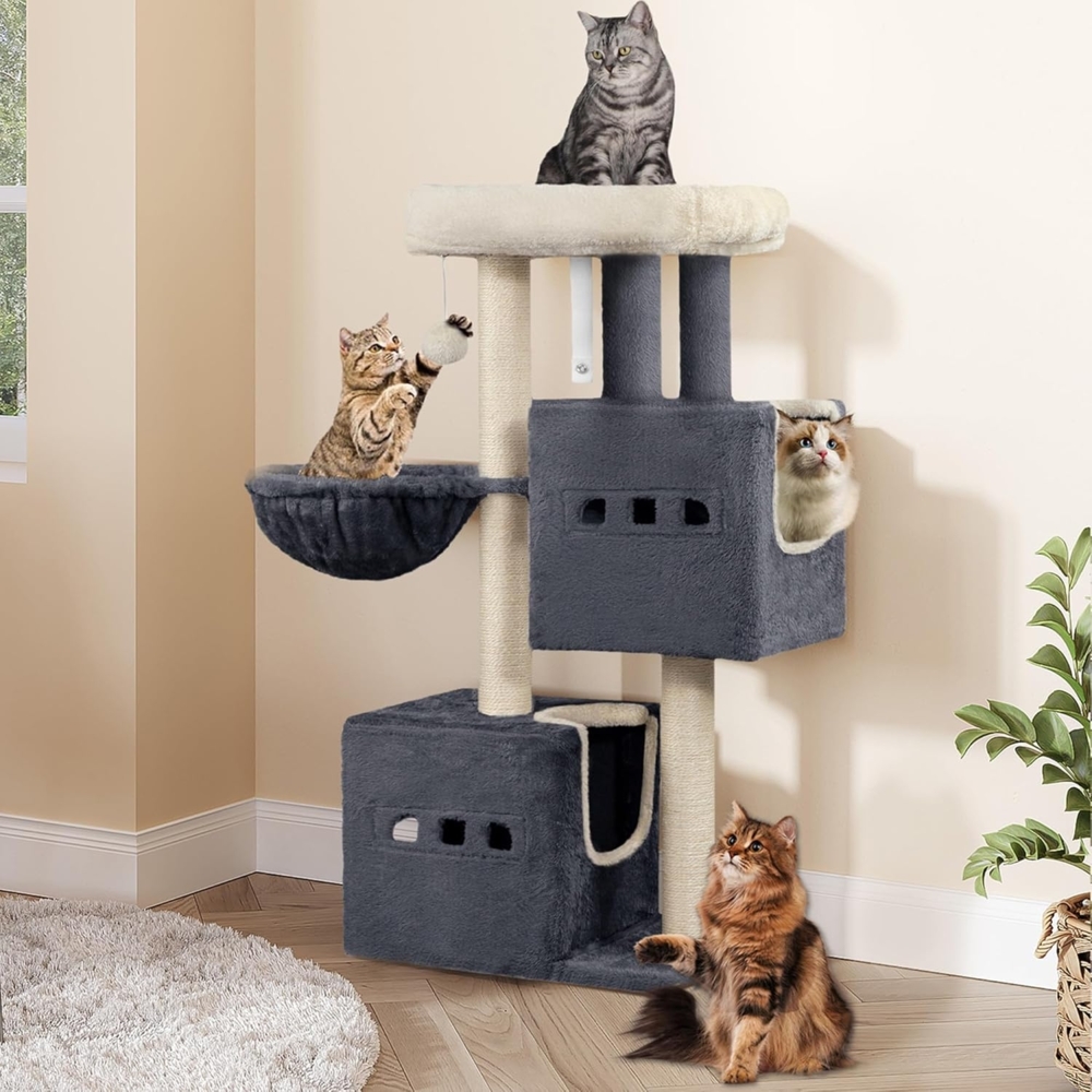 Kratzbaum, 98 cm Stabil Katzenbaum, Katzenkratzbaum mit Großer Liegefläche, Katzenhöhle, Sisalstämme, Korb, Plüschbälle, Katzenmöbel Spielbaum, Dunkelgrau Bild 1