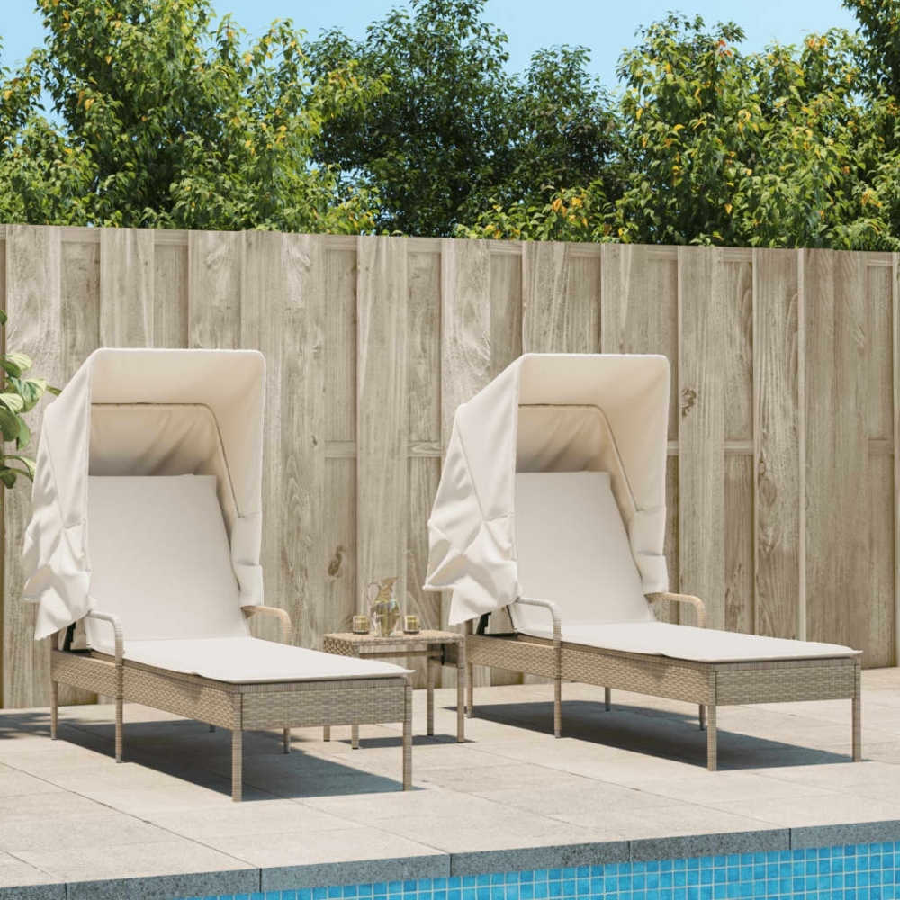 vidaXL Sonnenliegen 2 Stk. mit Dach und Tisch Beige Poly Rattan 3261573 Bild 1