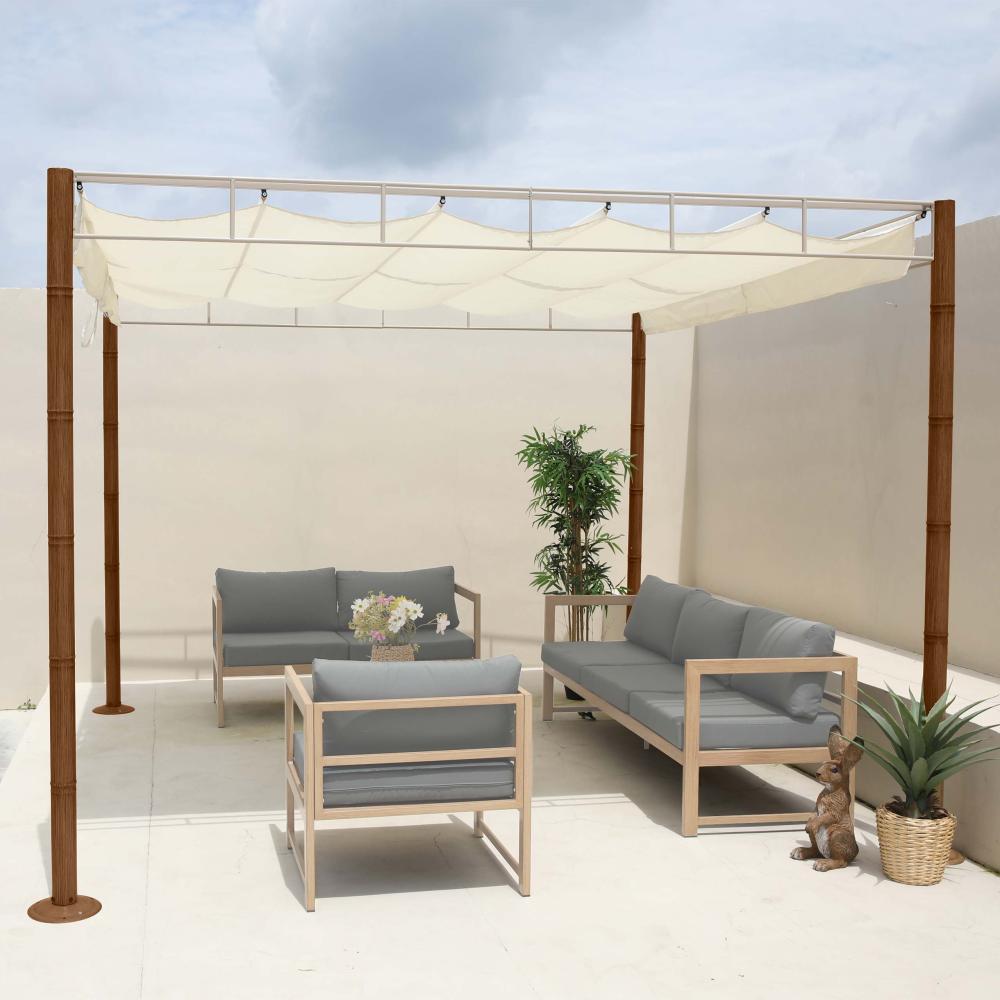 Pergola HWC-L42, Garten Pavillon Terrassenüberdachung, stabiles 7cm-Metall-Gestell 3x3m Bambus-Optik ~ creme-weiß Bild 1