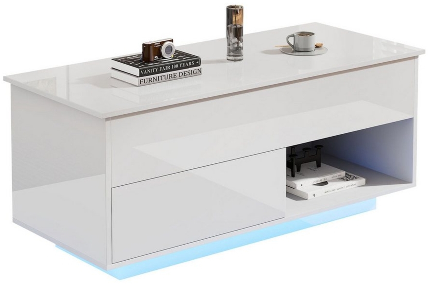 HAUSS SPOLE Couchtisch Hochglanz mit LED-Beleuchtung Hydraulischer Lift und Stauraum Weiß (1-St) Bild 1