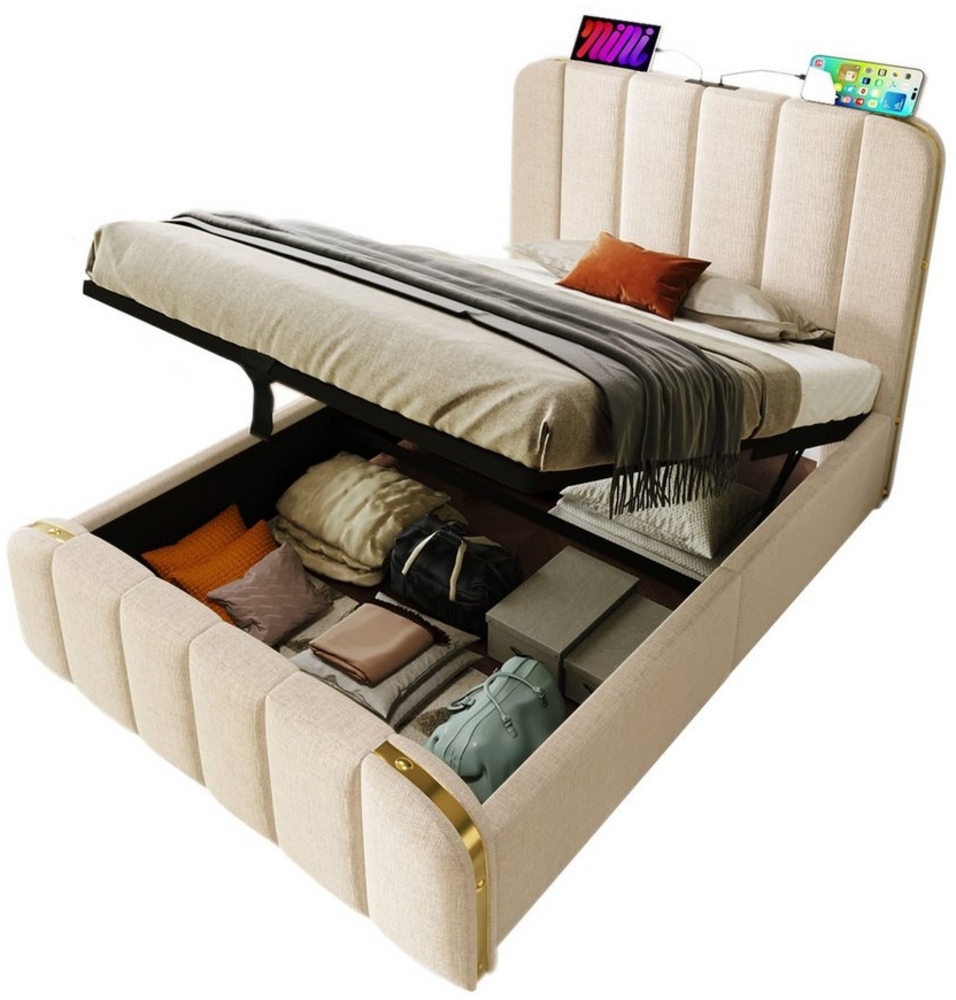 BlingBin Einzelbett Polsterbett Doppelbett (1-tlg, Modernes Polsterbett mit Stauraum und Stilvollen Metallakzenten), USB Typ-C Ladefunktion,Leinen, 90x200 CM Bild 1