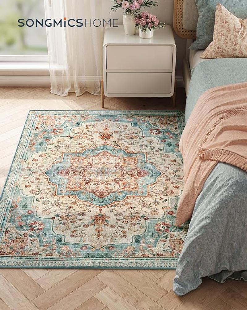 SONGMICS HOME Teppich, 120 x 170 cm, Wohnzimmerteppich, Rutschfester Teppich, traditioneller Vintage-Stil, für Wohnzimmer, Küche, Flur, Esszimmer, maschinenwaschbar,Aquamarinblau Bild 1