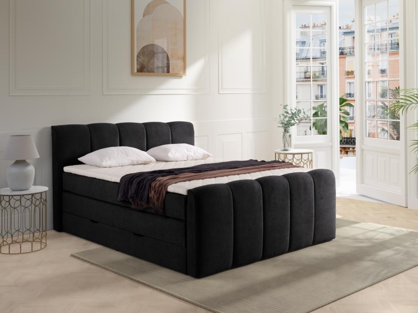 Vente-unique - Boxspringbett mit gestepptem Kopfteil + Bettkasten + Matratze + Topper - 160 x 200 cm - Stoff - Anthrazit - VERONE II von PALACIO Bild 1