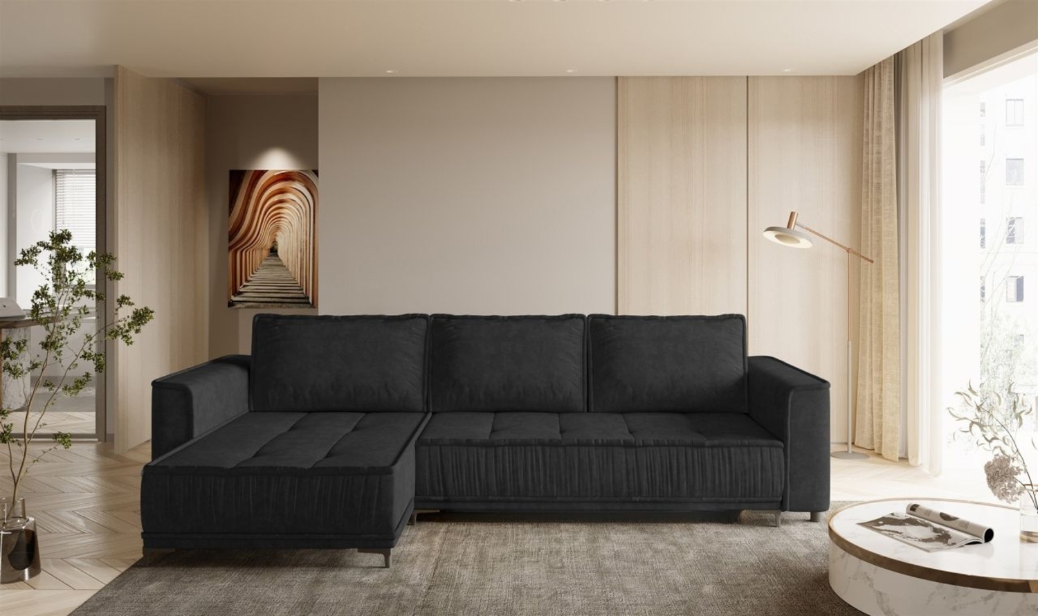 Ecksofa Schlafsofa Sofa JUNA Stoff Terra Schwarz Ottomane Links Bild 1