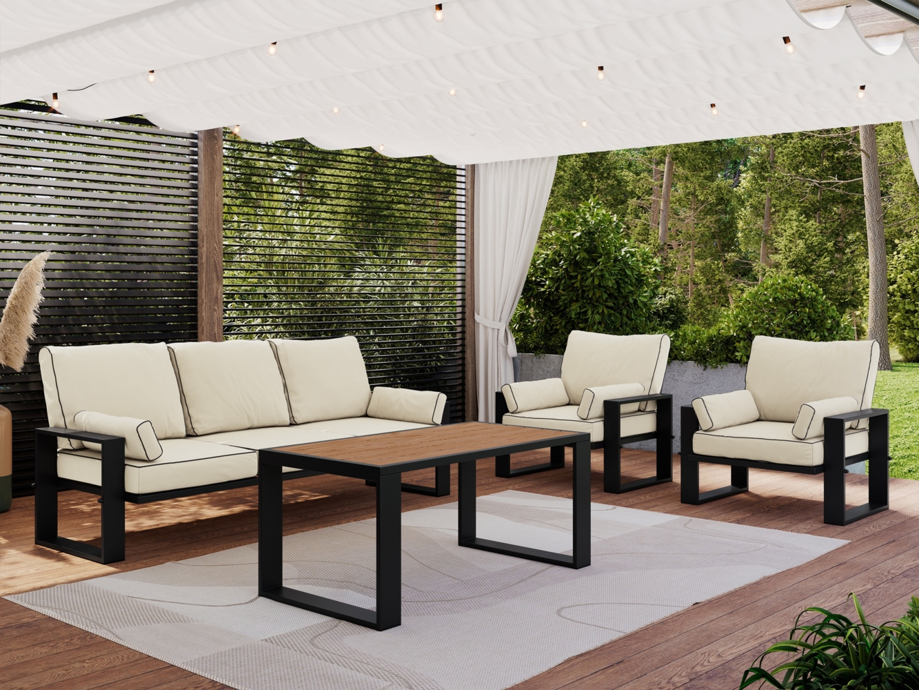 Gartenmöbel Set mit einem Tisch, Sofa und zwei Sesseln auf Metallbeinen, 5 Personen Sitzecke - ELBA 1 - beige Bild 1