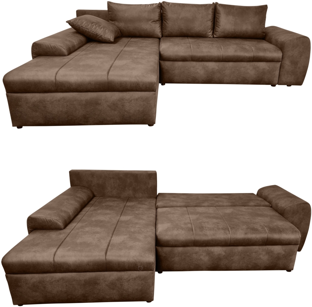ECKSOFA mit Schlaffunktion, Bettkasten, Wellenunterfederung, Ottomane links 266/186/90 cm, Mikrofaser Leder-Optik Vintage Braun Bild 1