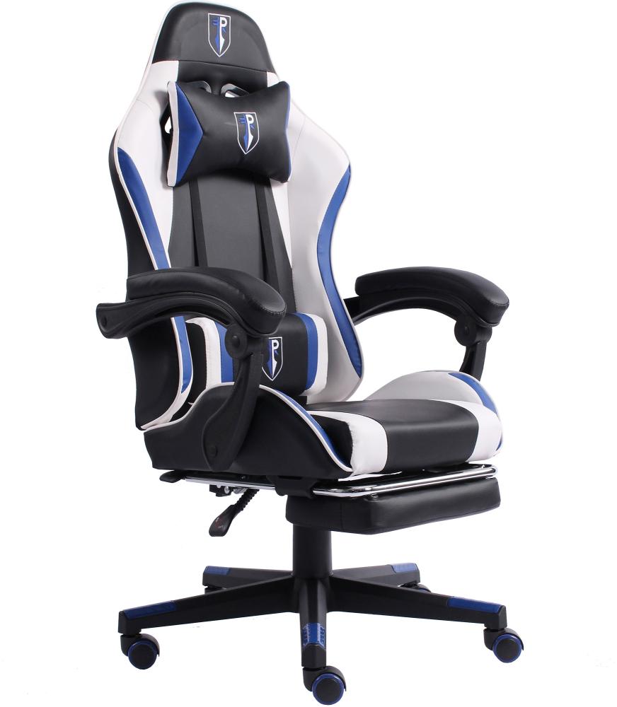 Gaming Chair im Racing-Design mit flexiblen gepolsterten Armlehnen - ergonomischer PC Gaming Stuhl in Lederoptik - Gaming Schreibtischstuhl mit ausziehbarer Fußstütze und extra Stützkissen Schwarz/Weiß-Blau Bild 1