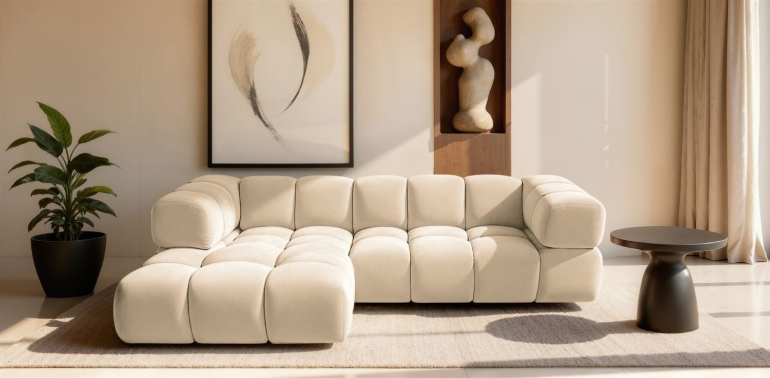 Ecksofa Designersofa BLANCHE in Stoff Bluvel Creme Ottomane Links Bild 1