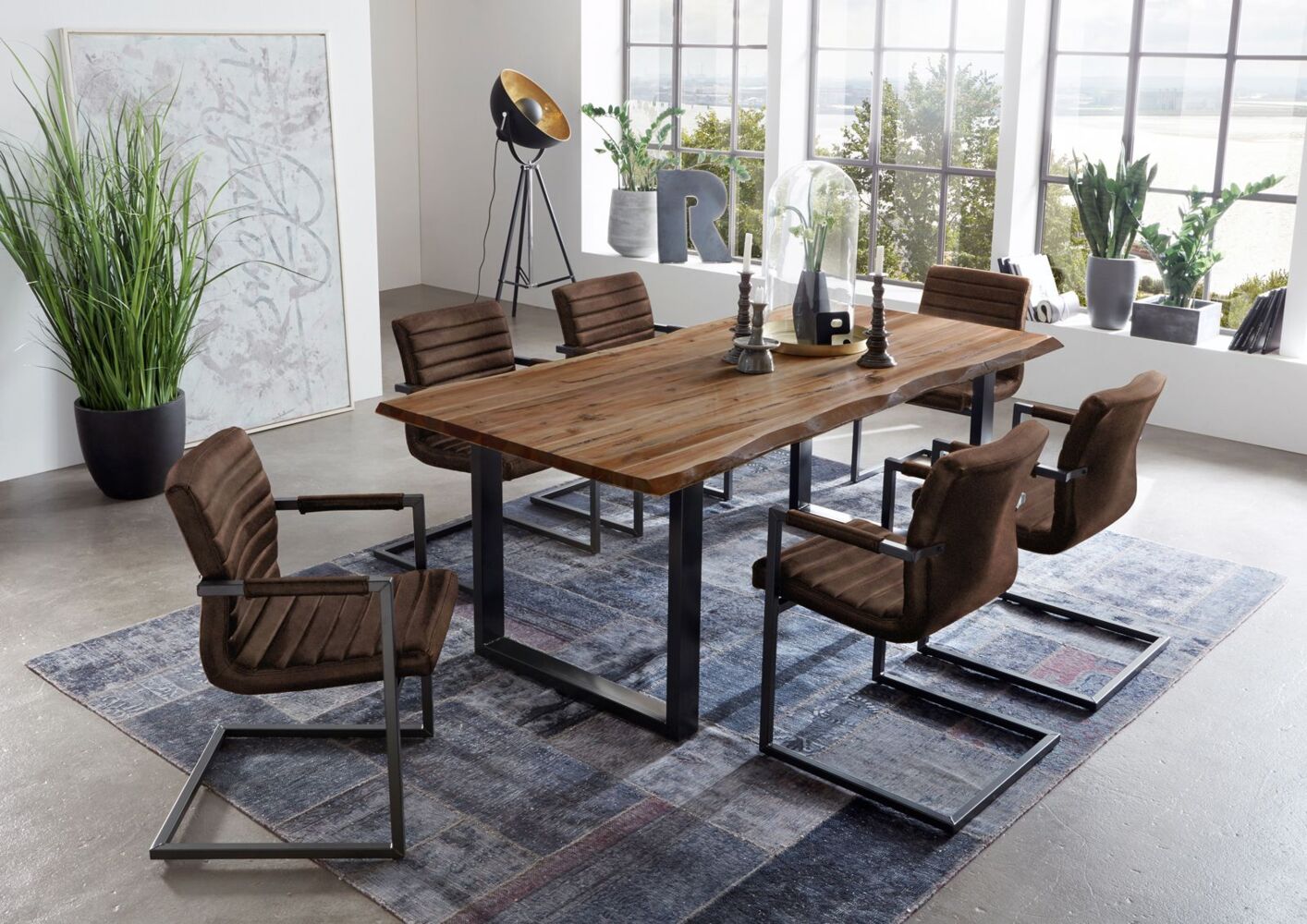 Baumkanten Essgruppe Akazie natur massiv 160 U-Gestell schwarz 7tlg. 529375 Bild 1