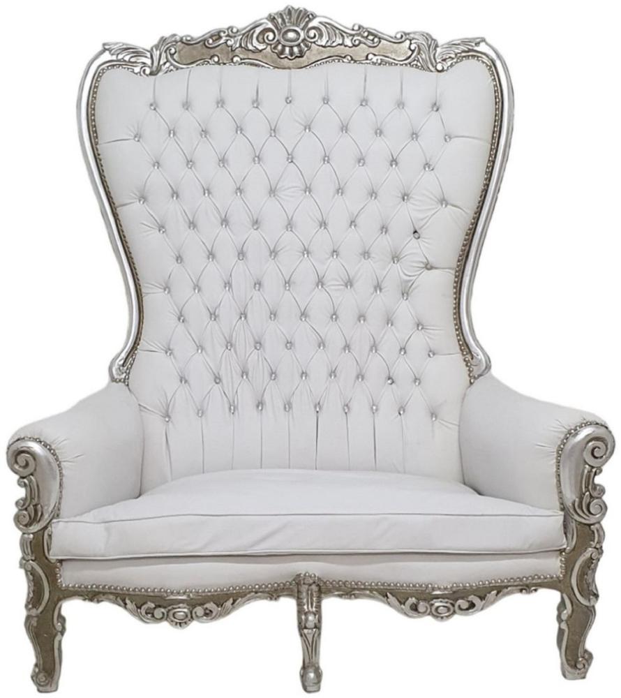 Casa Padrino Barock Hochlehn 2er Sofa Weiß / Silber - Prunkvolles Barockstil Kunstleder Sofa mit Glitzersteinen - Wohnzimmer Möbel im Barockstil - Barock Möbel - Edel & Prunkvoll Bild 1