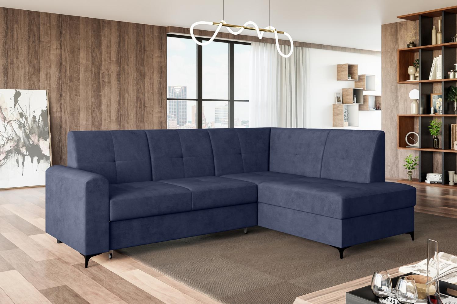 MEBLINI Schlafcouch mit Bettkasten - SCANDI - 236x171x85cm Rechts - Blau Samt - Kleines Ecksofa mit Schlaffunktion - Sofa mit Relaxfunktion - Kleine Couch L-Form - Eckcouch Bild 1