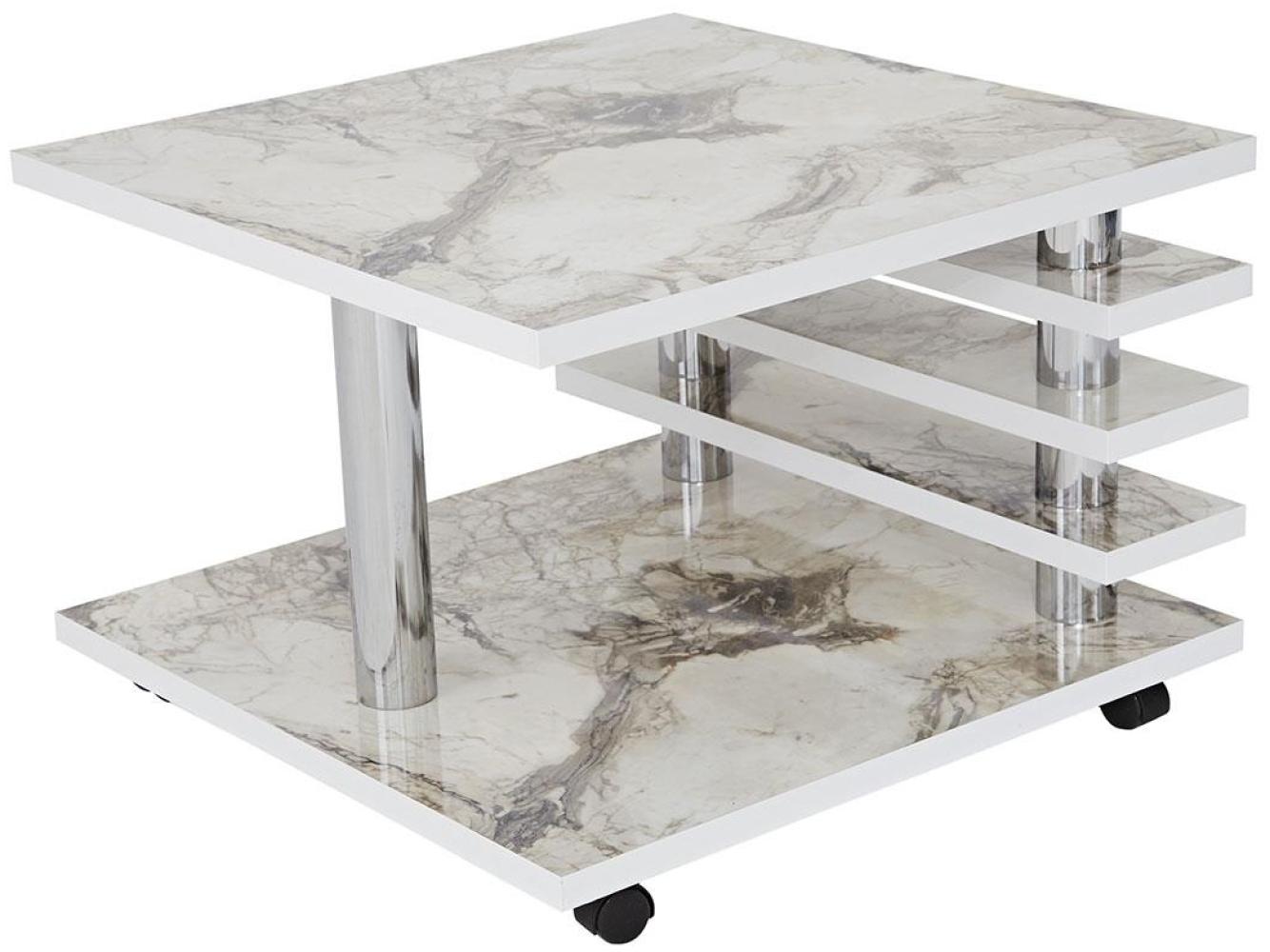 Couchtisch BAARN 1 mit Marmorlook weiß 65x65 cm rollbar Bild 1