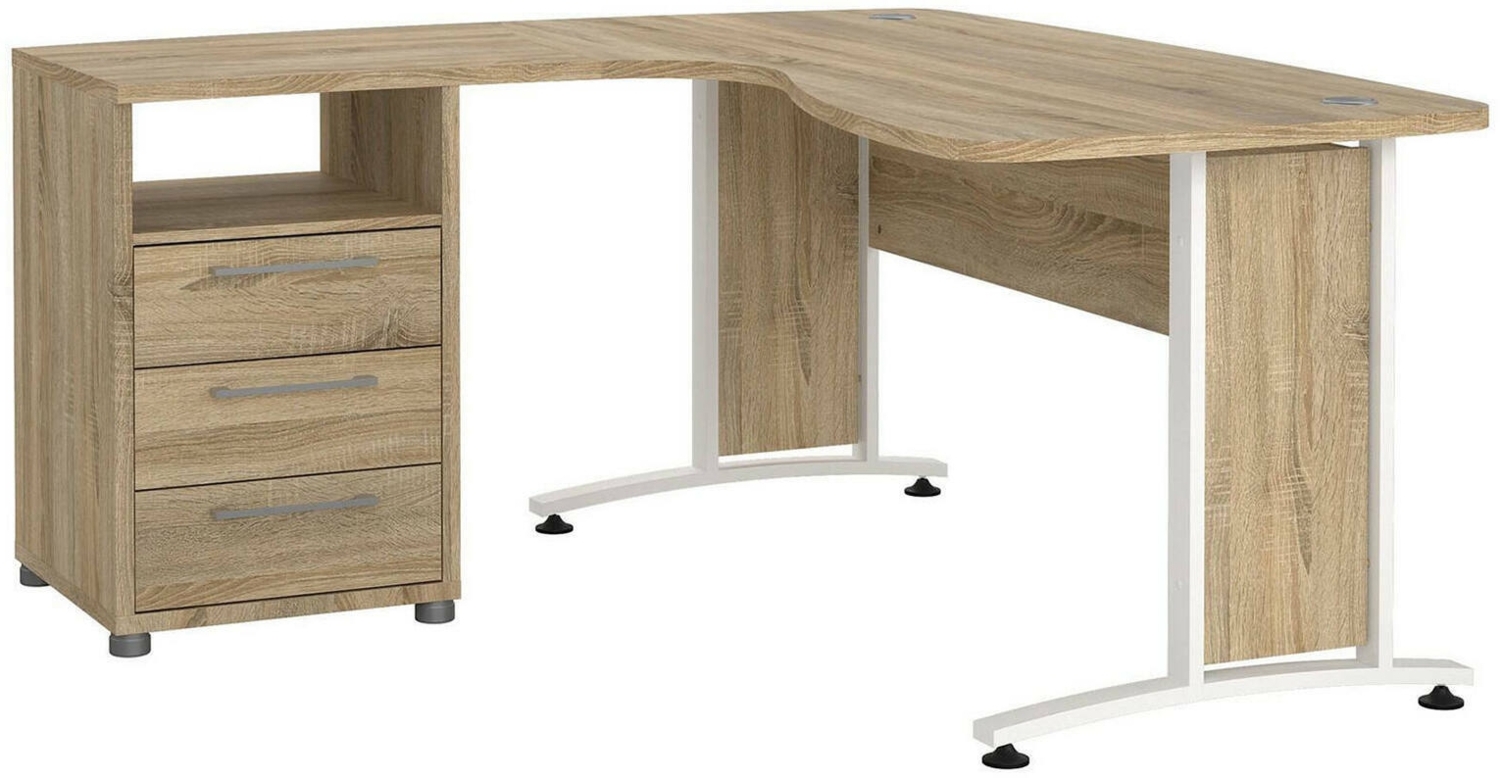 Dmora Schreibtisch Estong, Mehrzweckschreibtisch, Bürotisch für PC, Eckschreibtisch, 159x150 h75 cm, Eiche und Weiß Bild 1