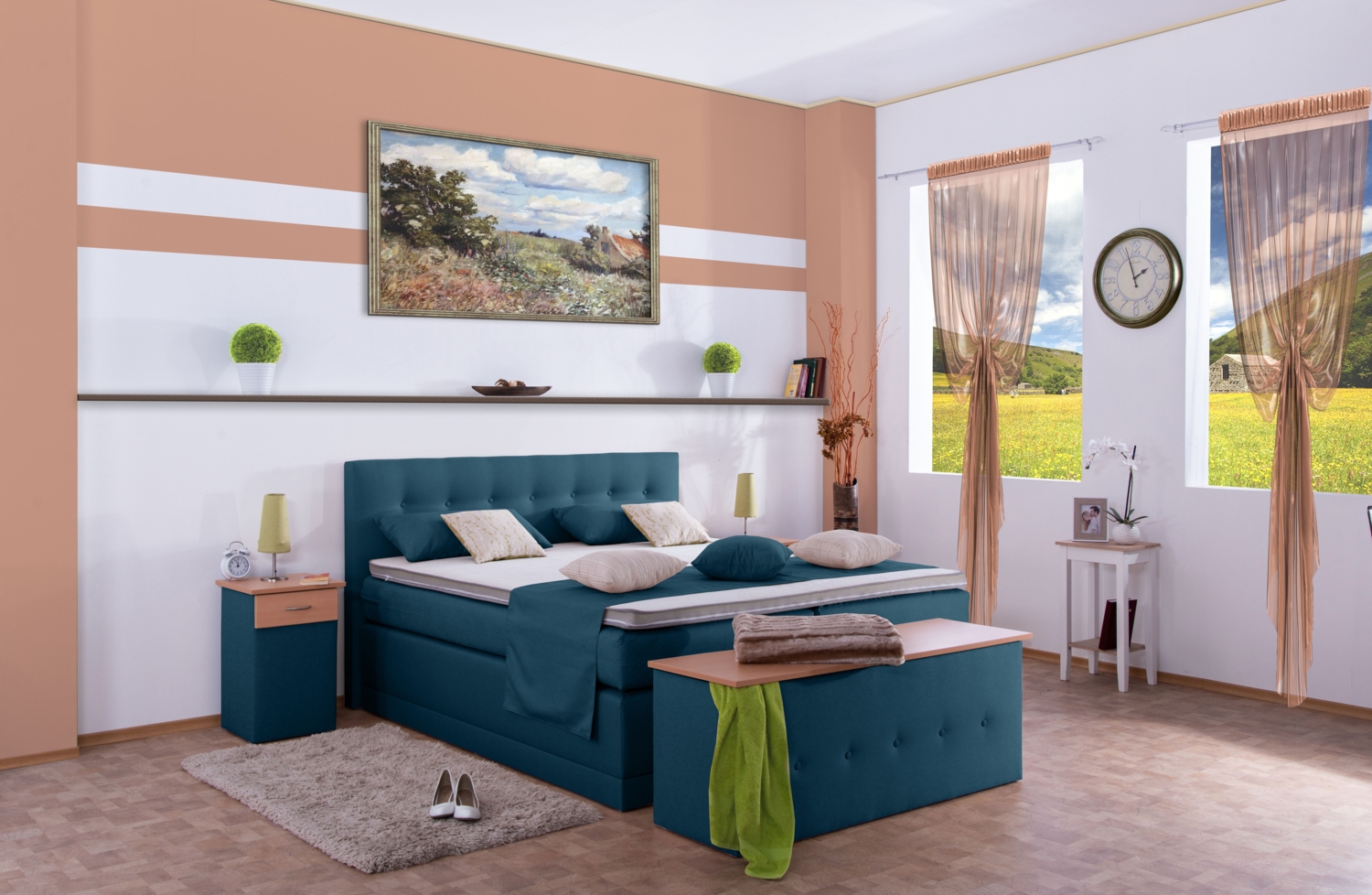 Meisterbetten Boxspringbett Jack 180x220 in WT-Blau, Matratzenbezug Nano, Ergoflex-Topper Bild 1