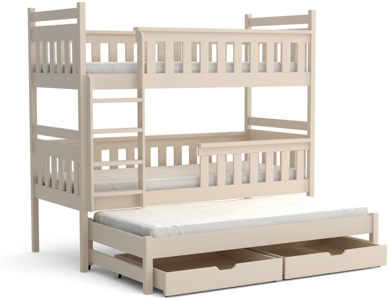 Deine Möbel 24 Etagenbett BEN für 3 Kinder 90x200 Weiß Beige ohne Matratzen / mit Matratzen (Ausziehbett, 3-St, Kinderbett mit Rausfallschutz, Lattenrost und 2 Schubladen), Hochbett Funktionsbett aus Massivholz, in 2 Kinderbetten umbaubar Bild 1