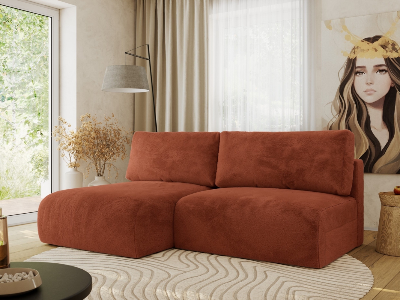 Ecksofa mit Schlaffunktion, lockere Kissen, Wohnzimmerecke mit L-förmigem und Bettkästen, Wellenfeder auf dem Sitz - VIVO - Orange Plüschstoff - linke Seite Bild 1