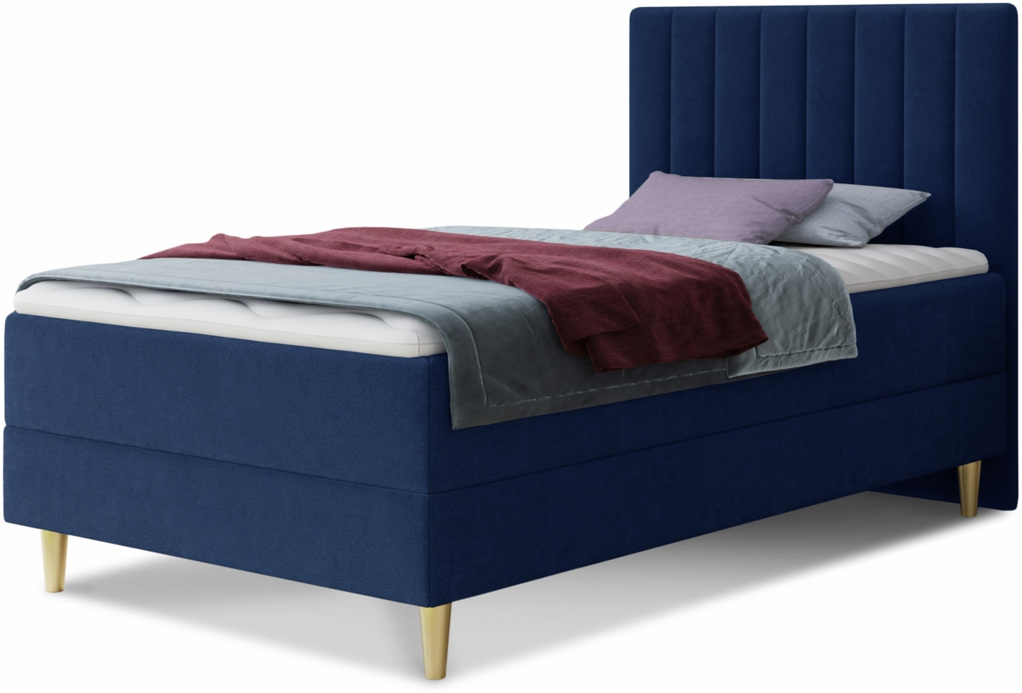 Boxspringbett Gold Mini mit Bettkasten, Bonell-Matratze und Topper - Einzelbett mit Matratzentopper, Polsterbett, Bett, Schlafzimmer, Jugendzimmer, Velours Stoff (Blau (Manila 26), 80 x 200 cm) Bild 1